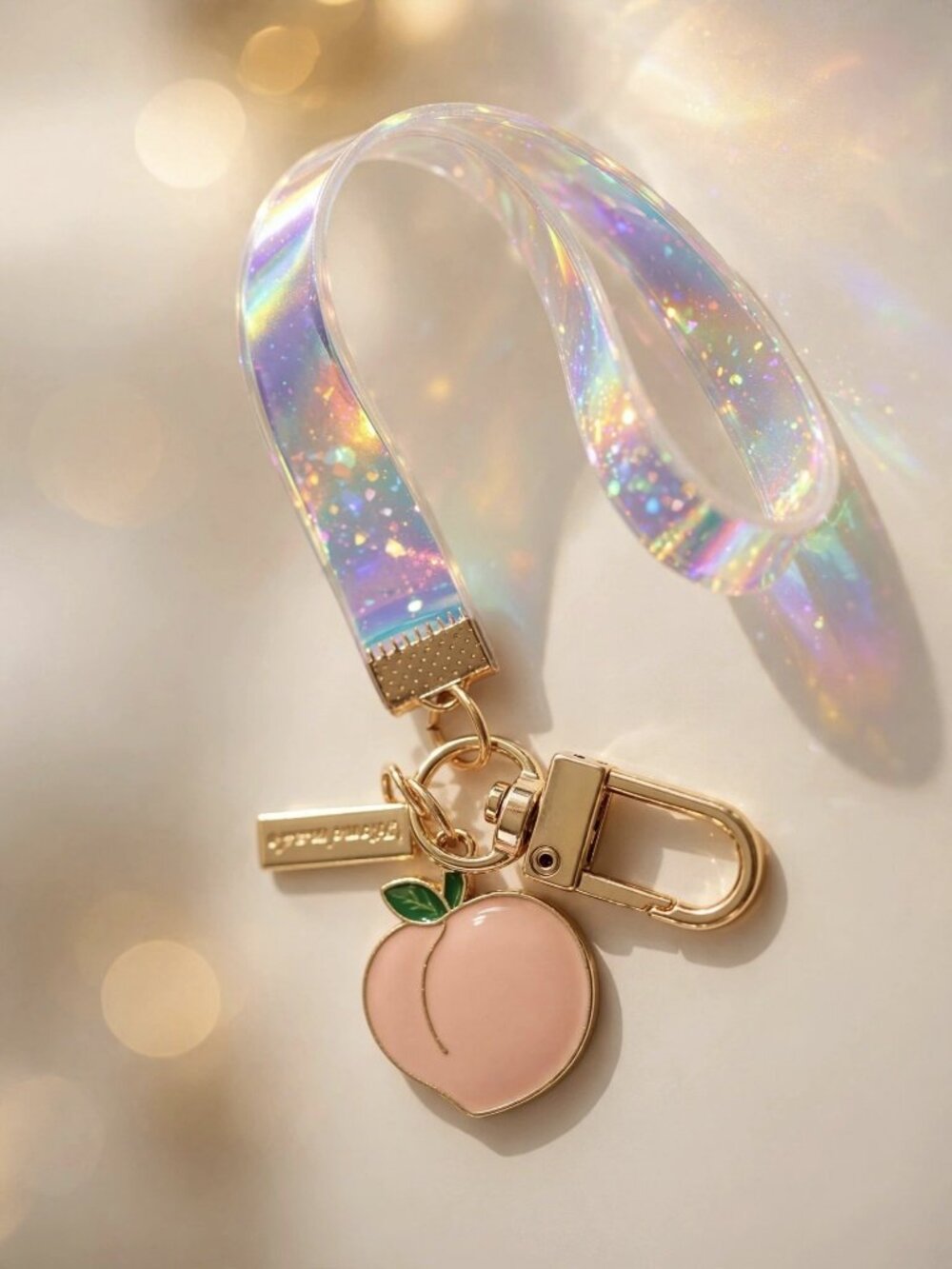 Peach Charm Keychain Holographic Wrist Strap